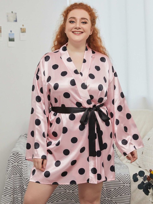 Plus Polka Dot Belted Satin Robe