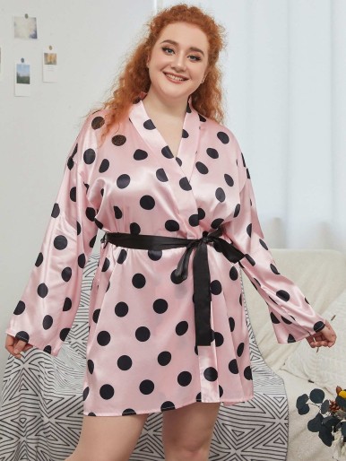 Plus Polka Dot Belted Satin Robe