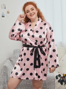 Plus Polka Dot Belted Satin Robe