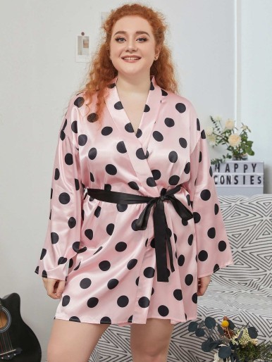 Plus Polka Dot Belted Satin Robe