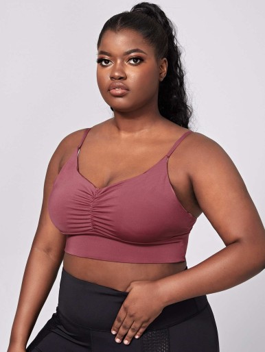 Plus Ruched Front Solid Sports Bra