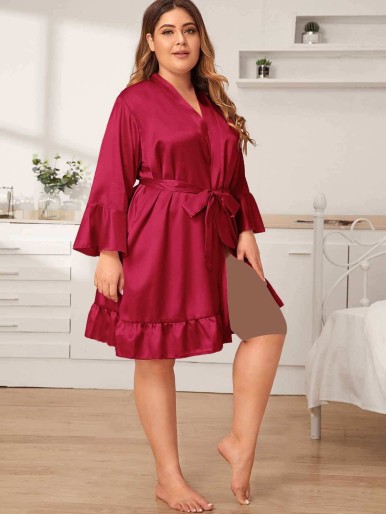 Plus Ruffle Hem Satin Robe