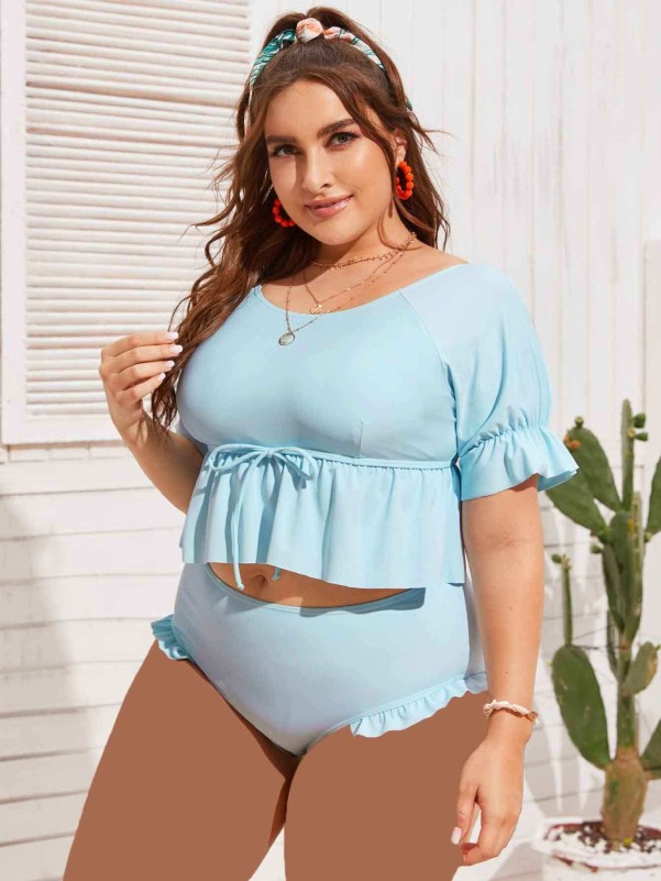 Plus Ruffle Short Sleeve High Waisted Bikini Swimsuit