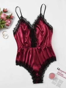 Plus Satin Contrast Lace Cami Sleep Bodysuit