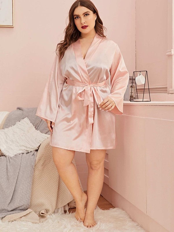 Plus Self Tie Solid Satin Robe Without Bra