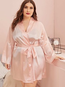 Plus Self Tie Solid Satin Robe Without Bra