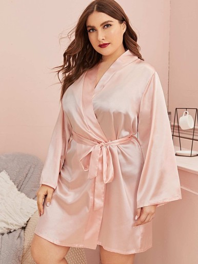 Plus Self Tie Solid Satin Robe Without Bra