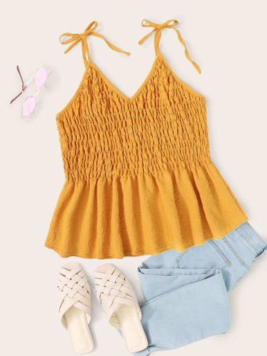 Plus Shirred Ruffle Hem Knotted Cami Top