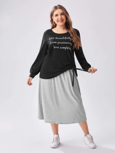 Plus Slogan Graphic Drawstring Side Tee & Skirt