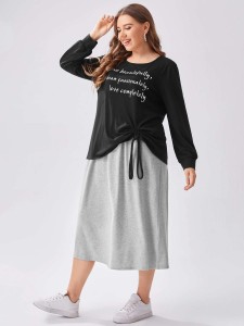 Plus Slogan Graphic Drawstring Side Tee & Skirt