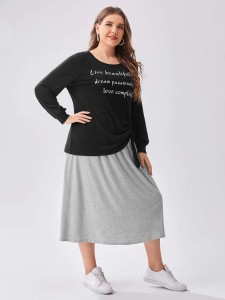 Plus Slogan Graphic Drawstring Side Tee & Skirt