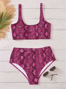 Plus Snakeskin Print High Waisted Bikini Swimsuit