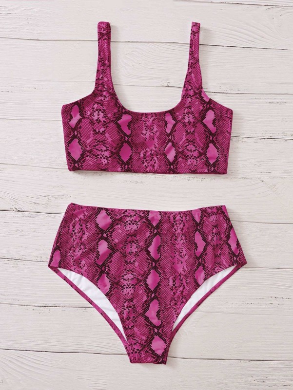 Plus Snakeskin Print High Waisted Bikini Swimsuit