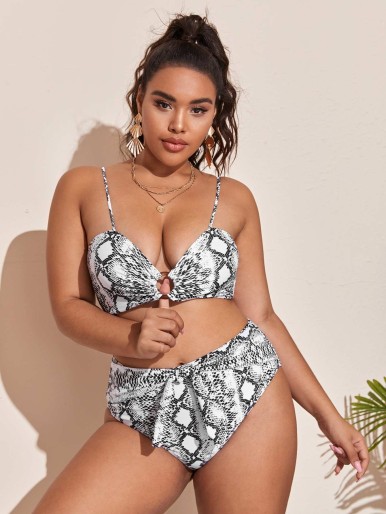 Plus Snakeskin Ring Linked Knot Front Bikini Swimsuit