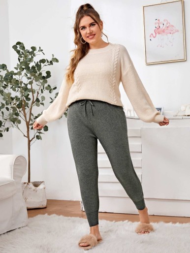 Plus Solid Drawstring Waist Ribbed Pants