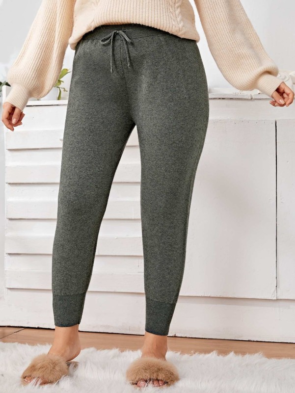 Plus Solid Drawstring Waist Ribbed Pants