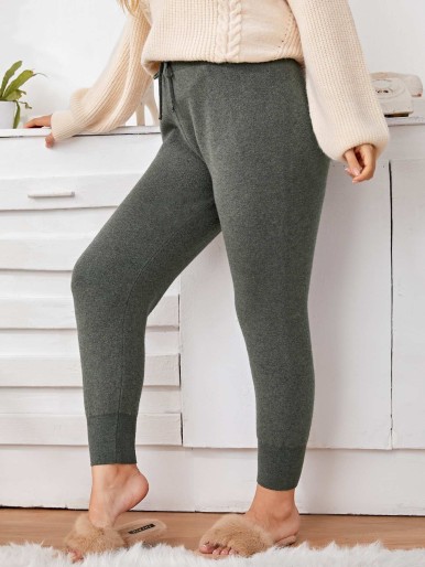 Plus Solid Drawstring Waist Ribbed Pants