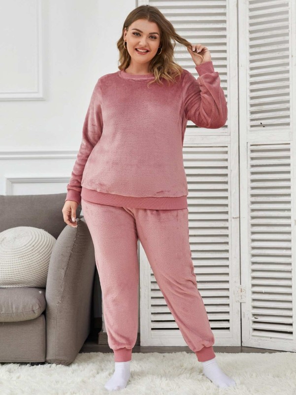 Plus Solid Teddy Pajama Set