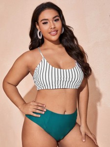 Plus Striped High Waisted Bikini Swimsuit