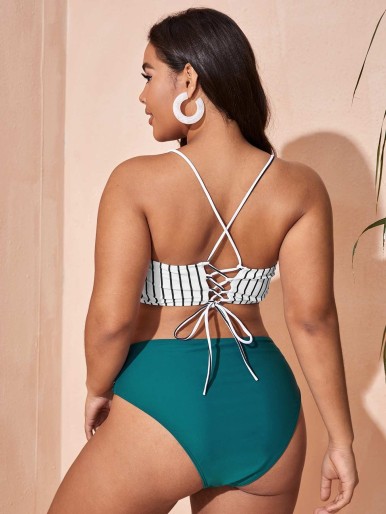 Plus Striped High Waisted Bikini Swimsuit