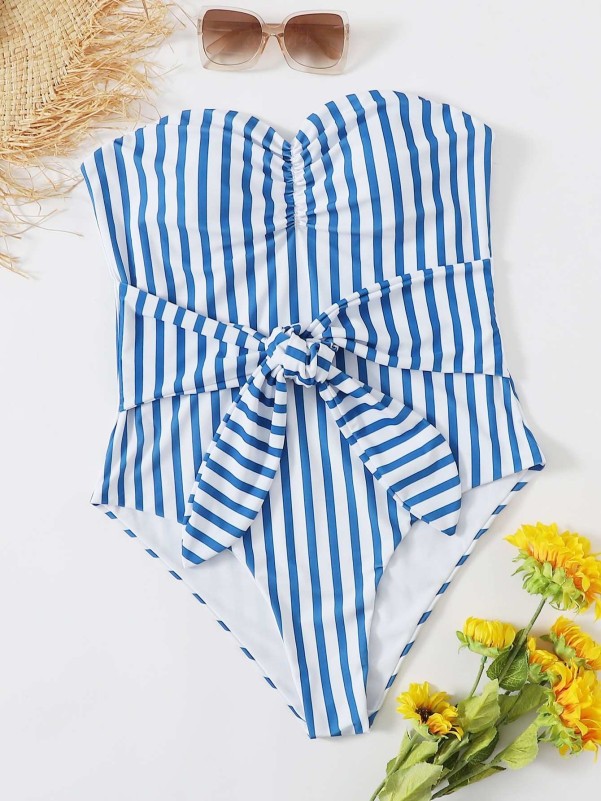 Plus Striped Ruched Knot Front One Piece Swimsuit