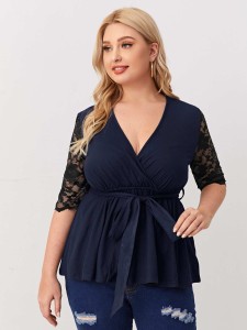 Plus Surplice Front Lace Sleeve Belted Top