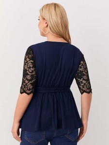 Plus Surplice Front Lace Sleeve Belted Top