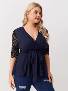 Plus Surplice Front Lace Sleeve Belted Top