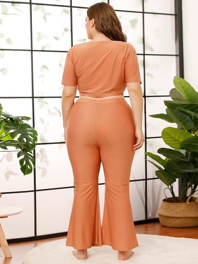 Plus Surplice Neck Tie Front PJ Set