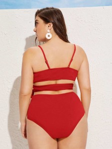 Plus Textured Tie Front High Waisted Bikini Swimsuit