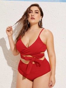 Plus Textured Tie Front High Waisted Bikini Swimsuit