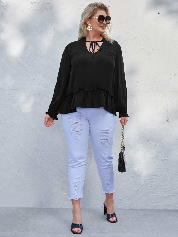 Plus Tribal Panel Ruffle Hem Longline Blouse