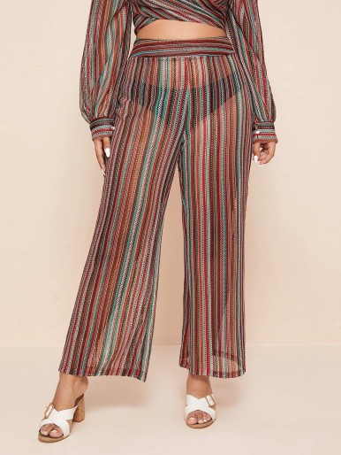 Plus Tribal & Striped Print Sheer Straight Leg Pants