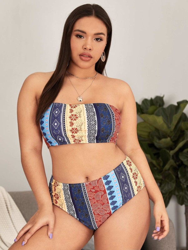 Plus Tribal Bandeau High Waisted Bikini Swimsuit