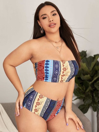 Plus Tribal Bandeau High Waisted Bikini Swimsuit