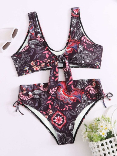 Plus Tribal Knot Front Tie Side Bikini Swimsuit