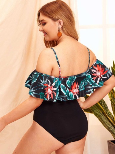 Women Plus Size One Piece Swimsuits Flounce Off Shoulder Tummy