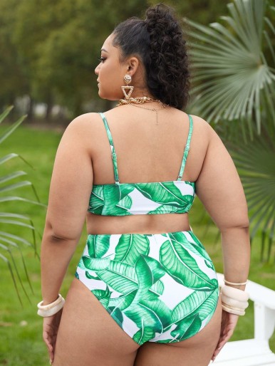 Plus Tropical Leaf Print Bikini Swimsuit