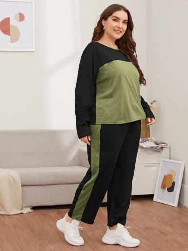 Plus Two Tone Top & Panel Pants PJ Set