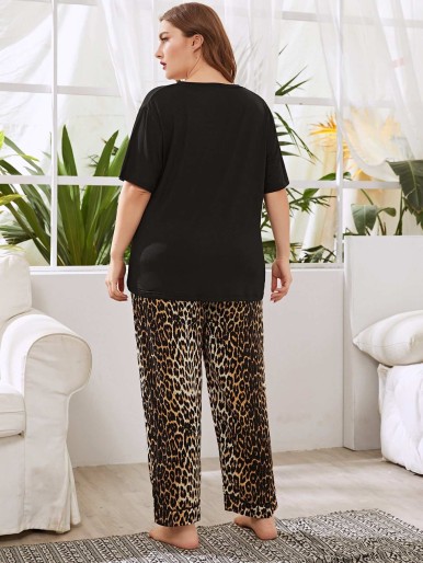 Plus V Neck Tee & Leopard Print Pants Pajama Set