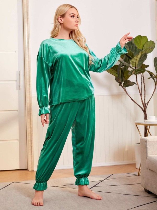 Flounce Sleeve Satin Pajama Set