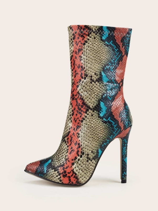 Point Toe Snakeskin Graphic Stiletto Heeled Ankle Boots