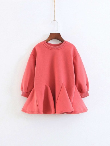 Girls Drop Shoulder Ruffle Hem Solid Sweat Dress