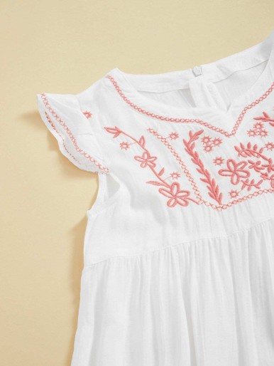 Girls Flower Embroidered Yoke Dress