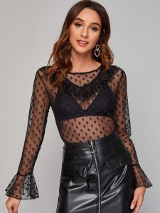 Polka Dot Flounce Sleeve Sheer Mesh Top