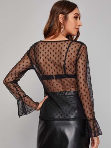 Polka Dot Flounce Sleeve Sheer Mesh Top