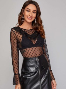 Polka Dot Flounce Sleeve Sheer Mesh Top