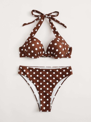 Polka Dot Halter Underwire Bikini Swimsuit