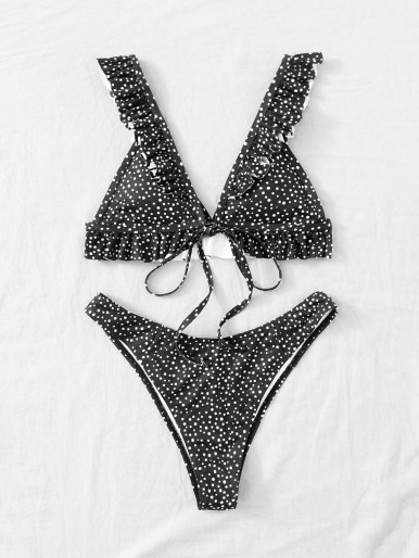 Polka Dot Ruffle Triangle Bikini Swimsuit