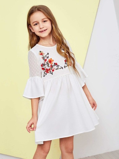 Girls Dot Mesh Flounce Sleeve Embroidered Dress